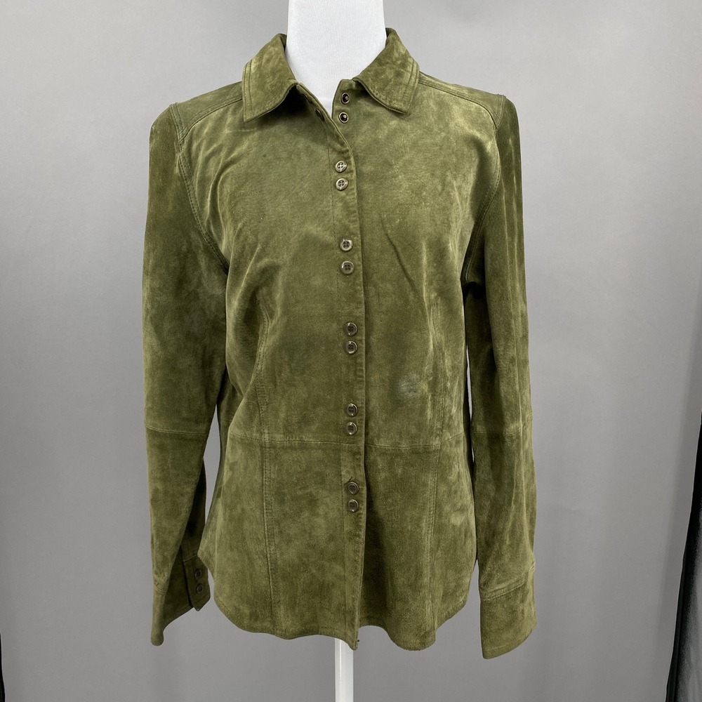 Falls Creek Suede Leather Shirt Jacket Womens Size M Olive Green Button Up
